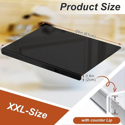 JJL Black Acrylic Cutting Board with Counter Lip, 24 x 18 Inches, Food-Grade, Anti-Slip, Perfect for Cutting Bread, Meat, and Veggies, Ideal Choice for Kitchen Countertop Décor