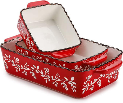 AVLA 3 Pack Ceramic Bakeware Set, Porcelain Rectangular Baking Dish Lasagna Pans for Cooking, Kitchen, Casserole Dishes, Cake Dinner, 12 x 8.5 x 6 Inches of Baking Pans, Banquet and Daily Use, Red - Image 3