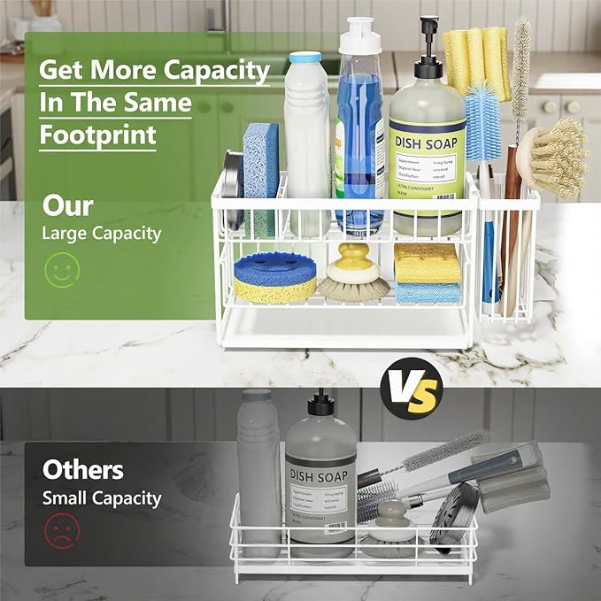 Cisily White 2-Tier Kitchen Sink Caddy Organzier Rack with Flexible Dish Brush Holder, Sponge Holder for Kitchen Sink Countertop Organization Storage,Home Decor Accessories - Image 4