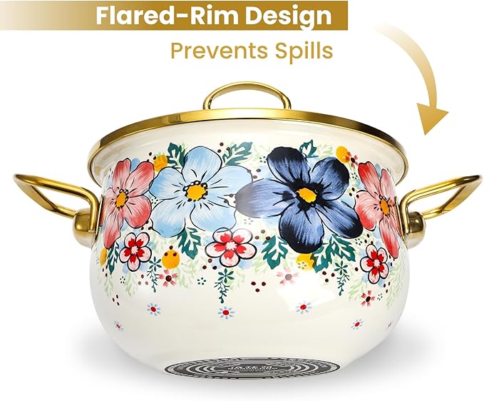 SOUJOY 3 Quart Enamel Cooking Pot with Glass Lid, Non-Stick Soup Pot with Handle, Vintage Floral Bean Stew Simmer Pot for Kitchen, Induction & Gas Stove Safe, Mother's Day, Wedding, Christmas Gift - Image 3