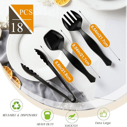 Mwellewm 18Pcs Serving Utensils, 8.5'' Plastic Serving Utensils Set, Disposable Serving Spoons for Buffet, Large Serving Tongs for Food Heavy Duty Party Supplies for Salad Soup Cooking Catering(Black)