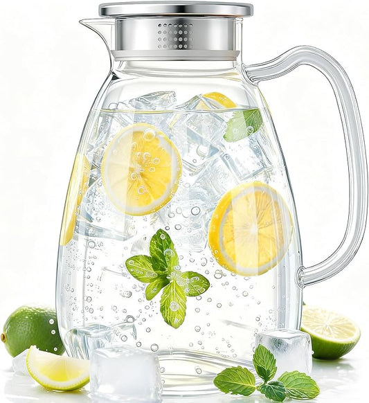 Glass Pitcher with Lid and Handle, 2.2L (74 oz) Borosilicate Glass Water Carafe, Stainless Steel Dual-Filter Lid, Heat Resistant for Hot/Cold Beverages – Iced Tea, Coffee, Juice, Cold Brew by Unknown
