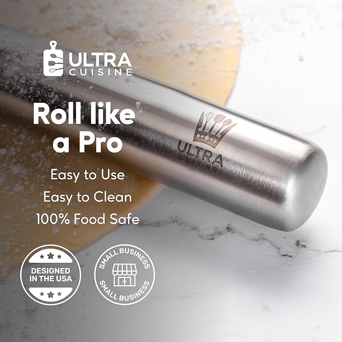 Ultra Cuisine French Rolling Pin for Baking – Use with Pizza, Cookie, and Pastry Dough, Fondant and Pie Crust – Tapered Design Bread Roller Pin, Stainless Steel 15.75-inch Large Roller Pin - Image 5