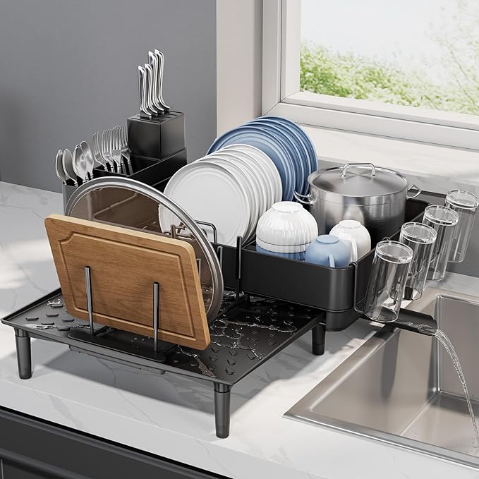 Expandable Dish Rack with Drainboard - Stainless Steel Dish Drainer with Removable Cutlery Tray, Foldable Cup Holder, Elevated Feet, Multifunctional Drainboard for Sink Countertop Kitchen Storage by Urackify