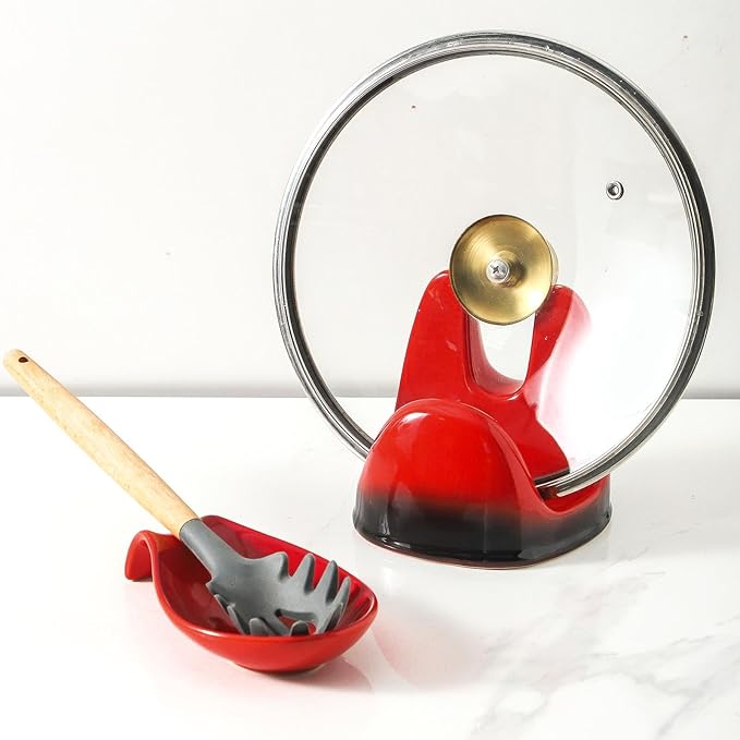 Nihow Pot Lid Holder: Stable Ceramic Pan Lid Holder for Kitchen Counter Decor/Countertop/Stove Top- Heat Resistant & Dishwasher Safe - Elegant Black & Red(1PC) - Image 3