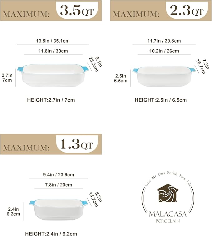 MALACASA Casserole Dishes for Oven, Ceramic Baking Dishes Set of 3, Rectangular Lasagna Pan Deep Baking Pans, Bakeware Sets with Handles Gift Set, White with Blue Trim(13.8''/11.7''/9.4''), Series BAKE - Image 2