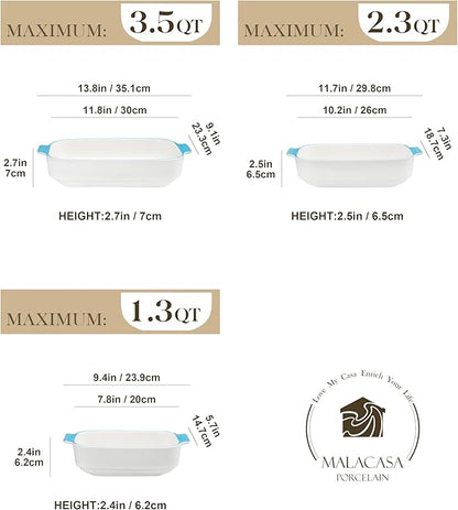 MALACASA Casserole Dishes for Oven, Ceramic Baking Dishes Set of 3, Rectangular Lasagna Pan Deep Baking Pans, Bakeware Sets with Handles Gift Set, White with Blue Trim(13.8''/11.7''/9.4''), Series BAKE - Image 2