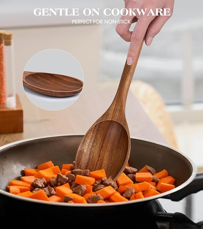 2PCS Wooden Spoons for Cooking, Natural Acacia Wood Cooking Spoons, Large Serving Spoons for Nonstick Cookware, Heat Resistant Durable Wooden Kitchen Utensils for Mixing Salad, Serving and Stirring - Image 3