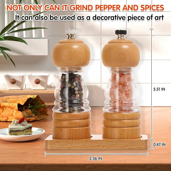 Salt and Pepper Grinder Set,2 PCS 5 Inch Wooden Manual Salt Pepper Mill Grinders for Kitchen,Refillable and Adjustable Grinder for Pepper Salt Spices