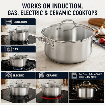WANGYUANJI 7.3 QT Stainless Steel Stock Pot with Glass Lid, 11 Inch 18/10 Soup Pot with Tri-Ply Bonded Base, Induction & Oven Safe Large Cooking Pot for Pasta, Stew & Seafood Boil