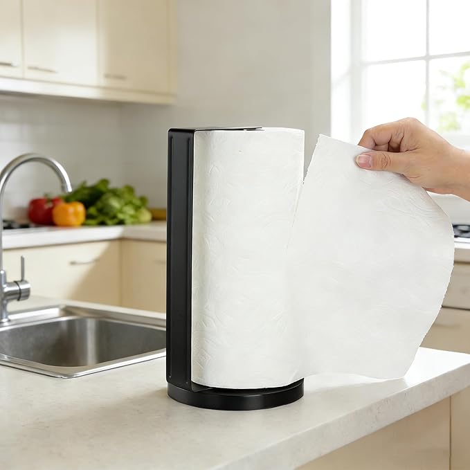 ZUNTO Paper Towel Holder for Countertop, Freestanding Kitchen Paper Towel Organizer, One-Hand Tear Paper Towel Rack, Heavy Duty and Non-Slip, Matte Black
