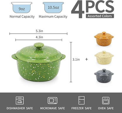 Ceramic Mini Cocotte Set of 4 for Oven,10 Oz Small Casserole Dishes with Handles and Lid,Individual Serving Pot for Souffle,Soup,Cobbler,Stoneware Baking Ramekins,Assorted Colors