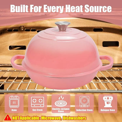 6QT Enameled Cast Iron Dutch Oven for Bread Baking – Sourdough Starter Kit with Cotton Basket, Bread Sling, Lame, Brush & Handle Cover – Multi-Purpose Pot for Baking, Frying, Braising – Pink