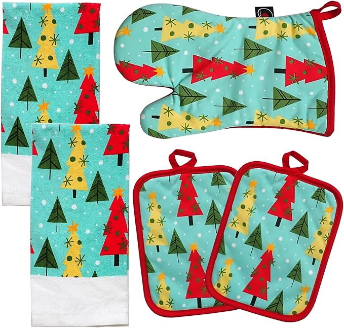 Oven Mitts and Potholders Dish Towles Set 100% Cotton for Perfect for Gifting, Baking and Everyday Cooking Durable Heat Resistant for Kitchen (5-Piece Christmas Tree) by Firstall