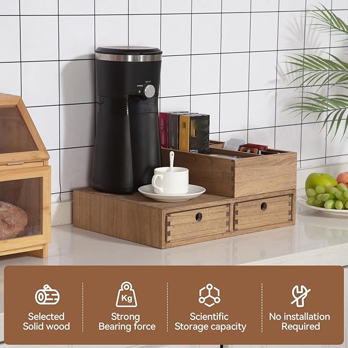 KIRIGEN Wooden Coffee Station Organizer 2-Piece Set - Coffee Bar Storage with Drawers for Sugar, Tea - Coffee Pod Holder and Accessories Organizer for Kitchen Counter Brown KFJTZ-DBR - Image 2