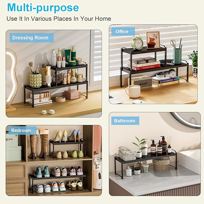 15.5 to 25.5 Inch Expandable Kitchen Cabinet Organizer Shelf, 2 Pack 30 LBS Heavy Duty Adjustable Kitchen Counter Storage Shelves Organizers,Stackable Small Storage Shelf Rack For Cabinet Cupboard - Image 8