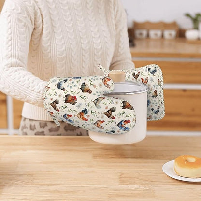 Cute Chicken Oven Mitts and Pot Holders Set, Heat Resistant & Non-Slip Silicone Oven Gloves for Handling Hot Pots, Pans, Baking, Grilling and BBQ