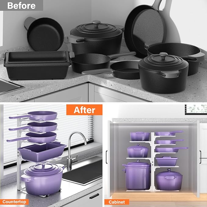 MUDEELA 8-Tier Pots and Pans Organizer under Cabinet, Heavy Duty Adjustable Pot Pan Organizers inside Cabinet, Kitchen Cabinet Organizers and Storage Pot Rack for Big Stockpots, Heavy Cookware, White - Image 7