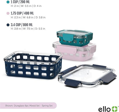 Ello Duraglass Mixed Meal Prep Sets Leak-Proof Glass Food Storage Containers with Silicone Sleeves and Airtight BPA-Free Lids, Dishwasher, Microwave, and Freezer Safe