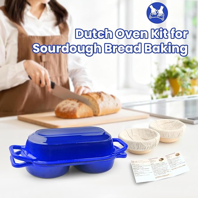 YONILL Mini Double Dutch Oven for Sourdough Bread Baking - Enameled Cast Iron Dutch Oven Pot with Lid and 5" Banneton Bread Proofing Basket Kit, Dual Round Bread Loaf Pan for Homemade Baking (Dark Blue) - Image 7