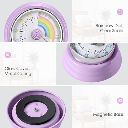 Visual Timer for Kids Rainbow Kitchen Timer with Magnetic Base Mechanical Timer 60-Minute Countdown Timer Ringer Alert Time Management Tool for Children and Adults Study Work Cooking, Purple