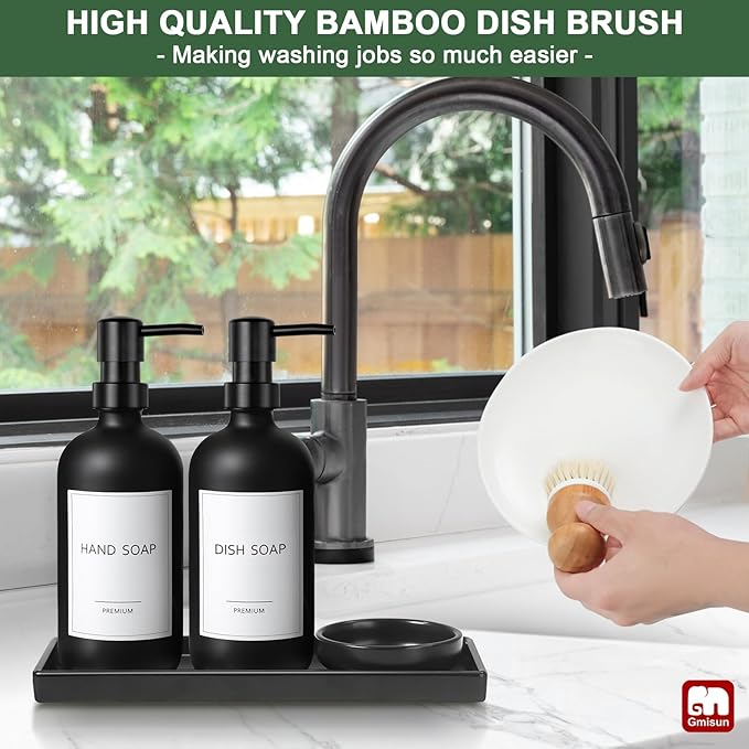 GMISUN Kitchen Soap Dispenser Set, 17 fl oz Dish Soap Dispenser with Ceramic Tray & Bamboo Brush for Kitchen, 2Pcs Matte Black Glass Hand and Dish Soap Dispenser Set, Refillable Soap Bottle Set - Image 5