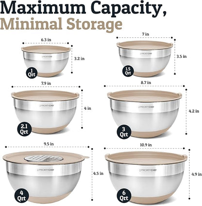 Priority Chef 6Pc Large Mixing Bowls With Lids Set with Non-Slip Bases, Stainless Steel Mixing Bowl Set, 6 Airtight Lids and 3 Graters, Khaki - Image 3