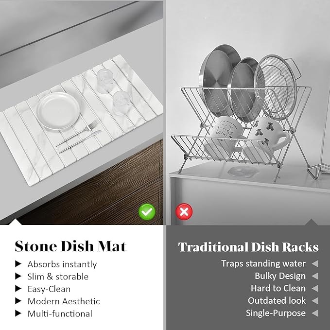 Large Stone Dish Drying Mats for Kitchen Counter, 28"(L)×16"(W) Marble-Pattern, Fast Drying Collapsible Dish Drying Mat, Eco-Friendly Absorbent Diatomaceous Earth Mats for Match Countertop - Image 6