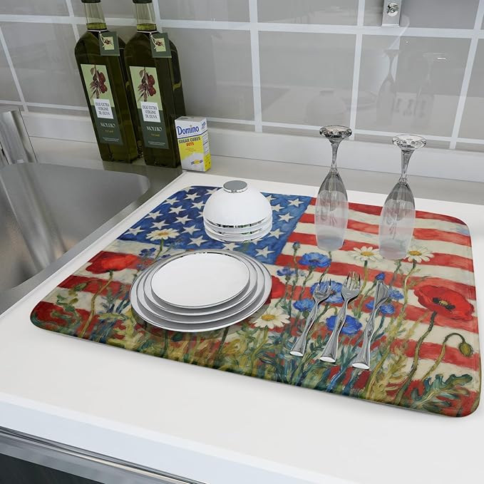 Patriotic American Flag Dish Drying Mat for Kitchen Counter 18x24 4th of July Red Blue White Floral Rustic Absorbent Reversible Microfiber Drying Mats Kitchen Countertop Protector Dishes Drainer Pad - Image 6