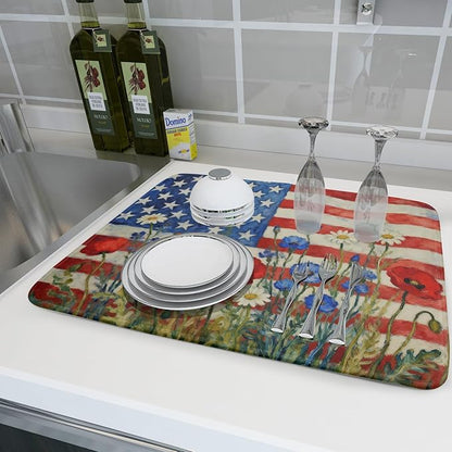 Patriotic American Flag Dish Drying Mat for Kitchen Counter 18x24 4th of July Red Blue White Floral Rustic Absorbent Reversible Microfiber Drying Mats Kitchen Countertop Protector Dishes Drainer Pad - Image 6