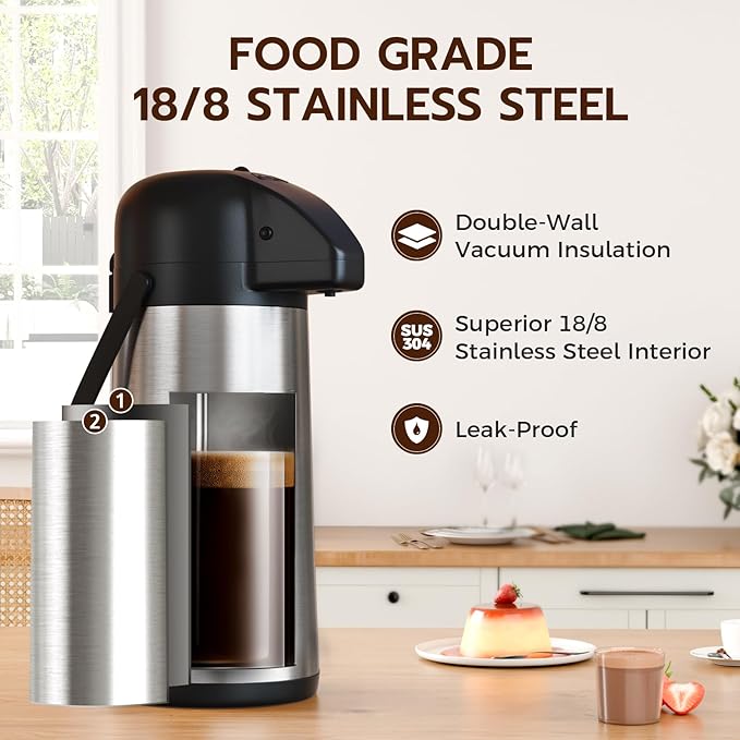Coffee Carafe for Keeping Hot - Gezoss 102OZ / 3L Airpot Coffee Dispenser with Pump - Large Coffee Carafe for Hot Drinks Tea Liquid - Insulated Stainless Steel Hot Water Beverage Urn for Parties - Image 2