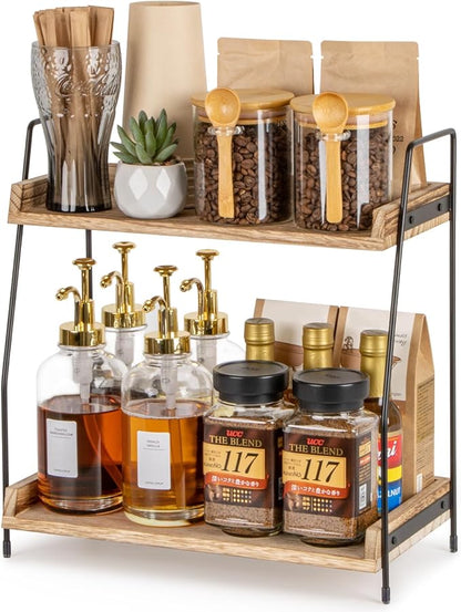 ANBOXIT Countertop Coffee Station Organizer, 2 Tier Wooden Shelf for Coffee Bar Accessories, Condiment Storage Caddy for Kitchen, Home, Office - Brown by ANBOXIT