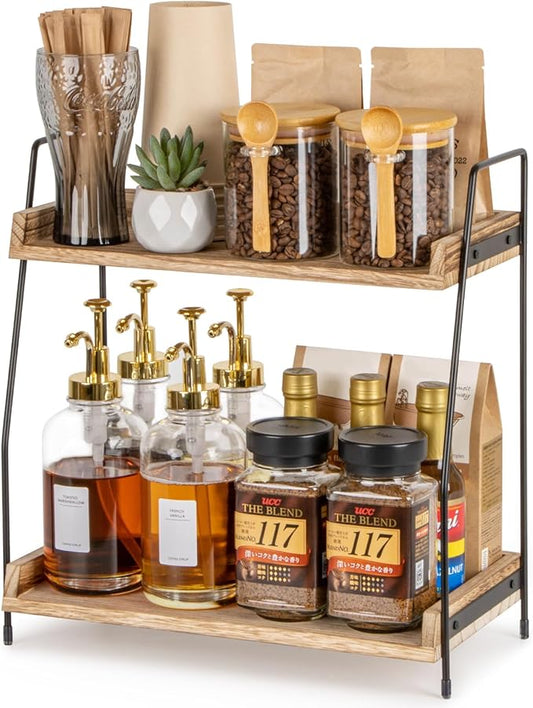 ANBOXIT Countertop Coffee Station Organizer, 2 Tier Wooden Shelf for Coffee Bar Accessories, Condiment Storage Caddy for Kitchen, Home, Office - Brown by ANBOXIT