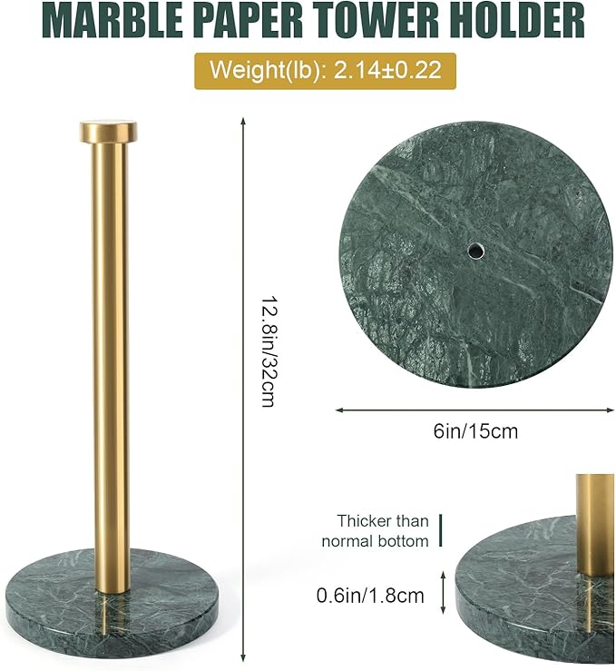 Koville Paper Towel Holder Countertop, Standing Paper Roll Holder with 6" Weighted Marble Base, Stone Paper Towel Holder with Gold Stainless Steel Rod for Kitchen Bathroom (Green)