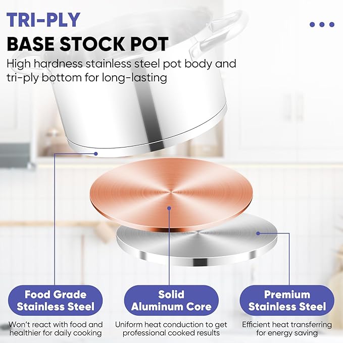 TeamFar 8QT Stock Pot with Lid, Stainless Steel Tri-ply Bottom Cooking Pot for Vegetable Pasta Soup, Works with Induction/Gas/Glass/Ceramic Stoves, Non-toxic & Sturdy, Straight Side & Riveted Handles - Image 4
