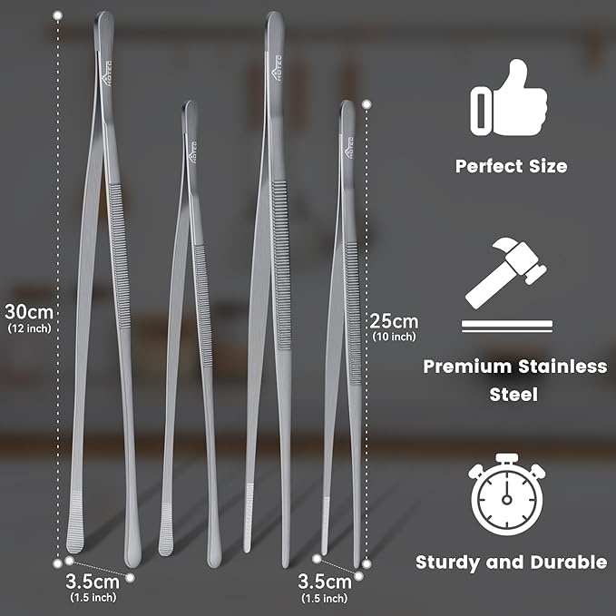 HOTEC Kitchen Tweezers Tongs Stainless Steel, Set of 4-10" and 12inch Extra-Long Food Tweezers Fine Kitchen Tongs for Cooking,Grill and Baking - Image 6