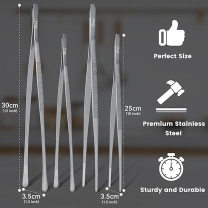 HOTEC Kitchen Tweezers Tongs Stainless Steel, Set of 4-10" and 12inch Extra-Long Food Tweezers Fine Kitchen Tongs for Cooking,Grill and Baking - Image 6