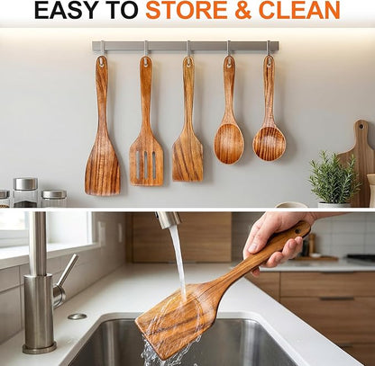 5 Pcs Best Wooden Spoons for Cooking Kitchen Utensils Set Acacia Wood Cooking Spatula Turner Non Toxic Utensil Slotted Serving Spoon Flat Spatulas Set Wooden Utensis Mixing Cooking Spoon Kitchen Tools - Image 5