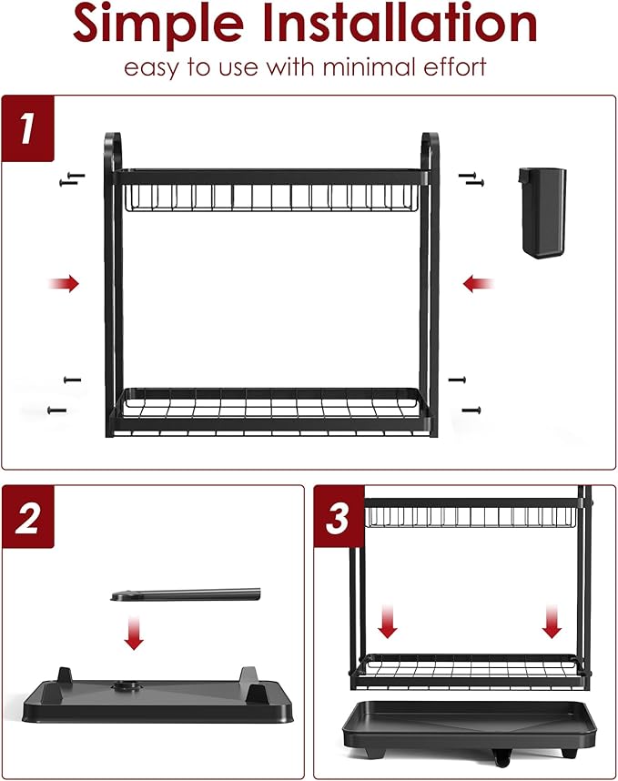 Sakugi 2-Tier Dish Drying Rack - Stainless Steel Dish Rack with Cutlery & Utensil Holders for Kitchen Counter, Sink Organization and Storage for Small Family, 15" W x 11.4" L x 15" H, Black - Image 8