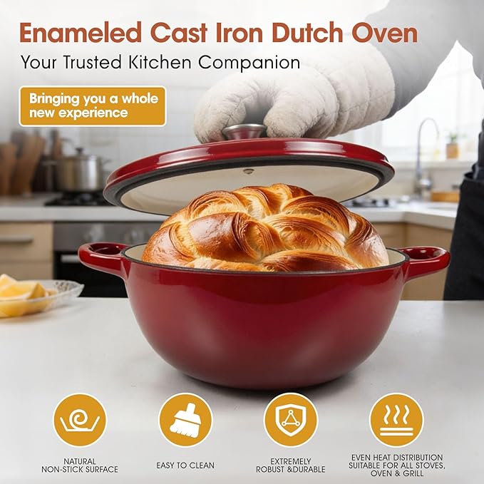5QT Enameled Cast Iron Dutch Oven for Bread & Multi-Cooking – Complete Sourdough Starter Kit with Lid ,Probe Thermometer, Proofing Basket, Silicone Sling & Gift Packaging Bags,Oven Safe up to 500°F(Red)