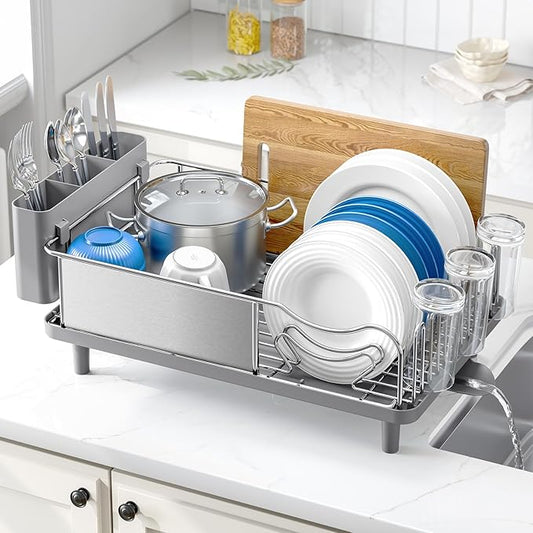 Urackify Stainless Steel Dish Drying Rack - Large Capacity Kitchen Counter Organizer with Drain Board, Utensil Holder & Detachable Cup Shelf, 304 Surgical-Grade Rust-Proof Dish Drainer, Easy Assembly by Urackify