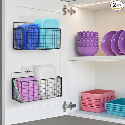 2 Pack Large Adhesive Cabinet Organizer - Lid Organizer Inside Cabinet Wall Mounted Pantry Door Caddy for Kitchen Containers Lid Kitchen Under Sink Basket by AMZABBY