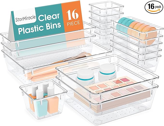 StorMiracle 16 PCS Drawer Organizer Set, 5 Varied Size Bathroom and kitchen Drawer cabinet organizer Trays, Clear Storage Bins for Makeup, Jewelry, Utensils and Gadgets by StorMiracle