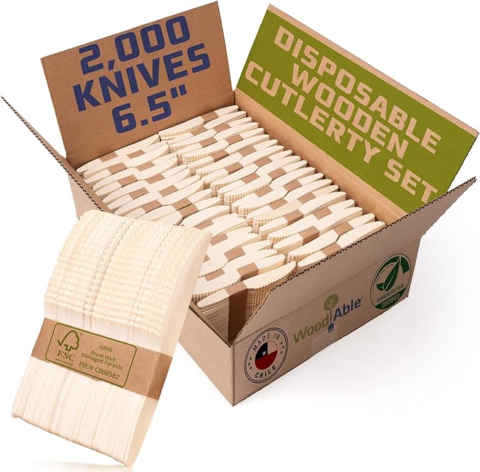 Disposable Wooden Cutlery Set - 100% Home Compostable - 2000 Knives, 6.5" Wooden Knives, Eco-Friendly, Organic, Sustainable and Carbon Neutral Certified by WoodAble