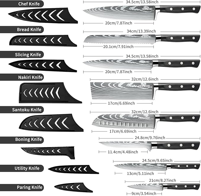 MDHAND Chef Knife Set with Roll Bag, 9PCS Professional Knife Set with Sharpener, High Carbon Stainless Steel Japanese Kitchen Knife Set - Forged Triple Rivet Handle, Dishwasher Safe, Chef Gifts, Black