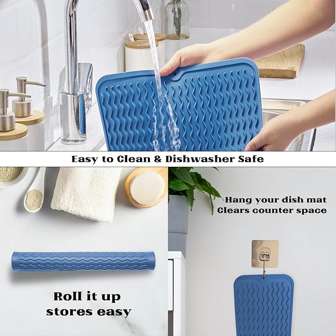 ZLR Silicone Dish Drying Mat 12" x 12" Square - Small Heat Resistant Trivet & Countertop Protector for Air Fryer, Coffee Maker - Waterproof Kitchen Drain Pad for Cups, Fruit (Lichen Blue) - Image 4