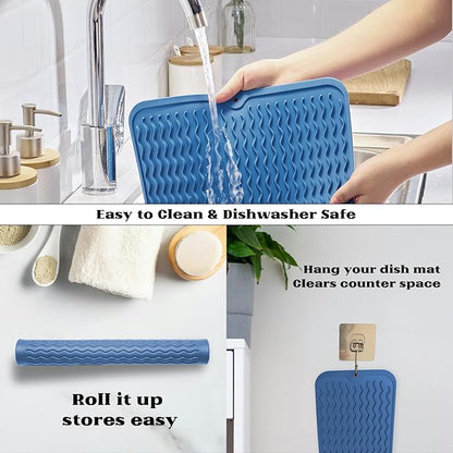 ZLR Silicone Dish Drying Mat 12" x 12" Square - Small Heat Resistant Trivet & Countertop Protector for Air Fryer, Coffee Maker - Waterproof Kitchen Drain Pad for Cups, Fruit (Lichen Blue) - Image 4