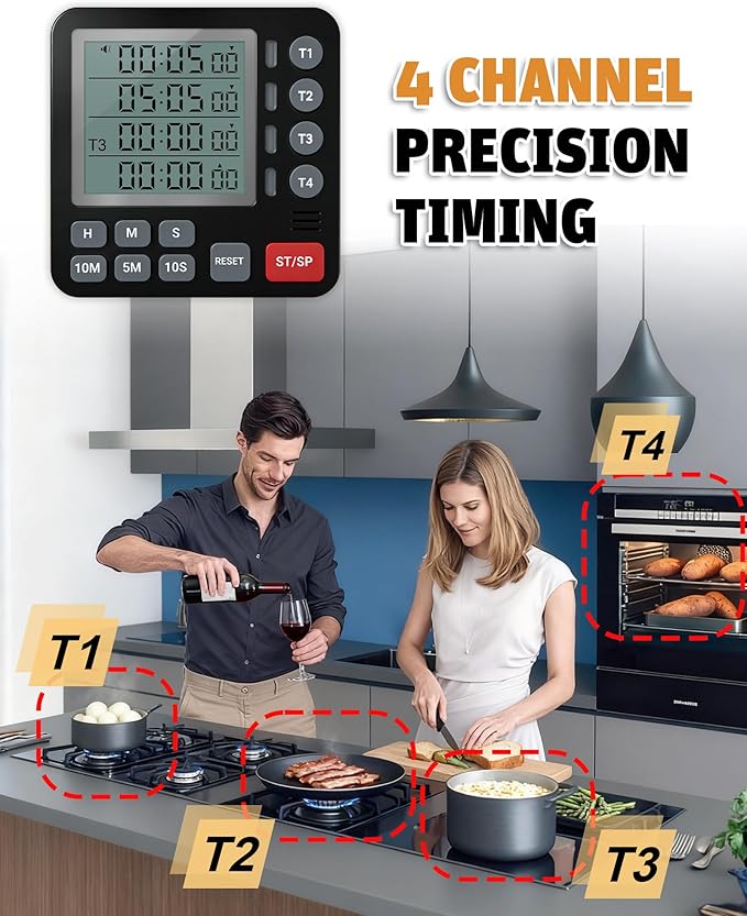 TPNEG Digital Kitchen Timer - 4-Channel Cooking Timer with Alarm, Magnetic Back, Loud & Silent Modes, Count Up/Down, Ideal for ovens, Seniors, Kids and classrooms, Replaceable AAA Battery - Image 3