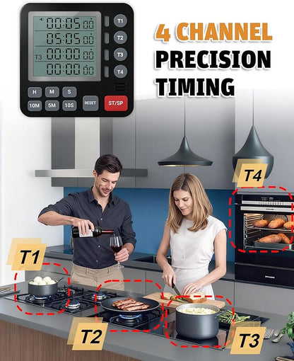 TPNEG Digital Kitchen Timer - 4-Channel Cooking Timer with Alarm, Magnetic Back, Loud & Silent Modes, Count Up/Down, Ideal for ovens, Seniors, Kids and classrooms, Replaceable AAA Battery - Image 3