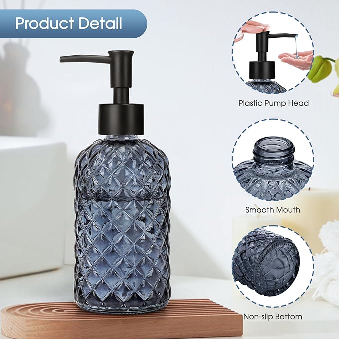Topsky Gem Glass Soap Dispenser with Black Plastic Pump, 13oz Liquid Hand Soap Dispenser, Rustproof Pump for Kitchen & Bathroom, Great for Lotions, Essential Oil, Liquid Soaps-Grayish Blue - Image 3